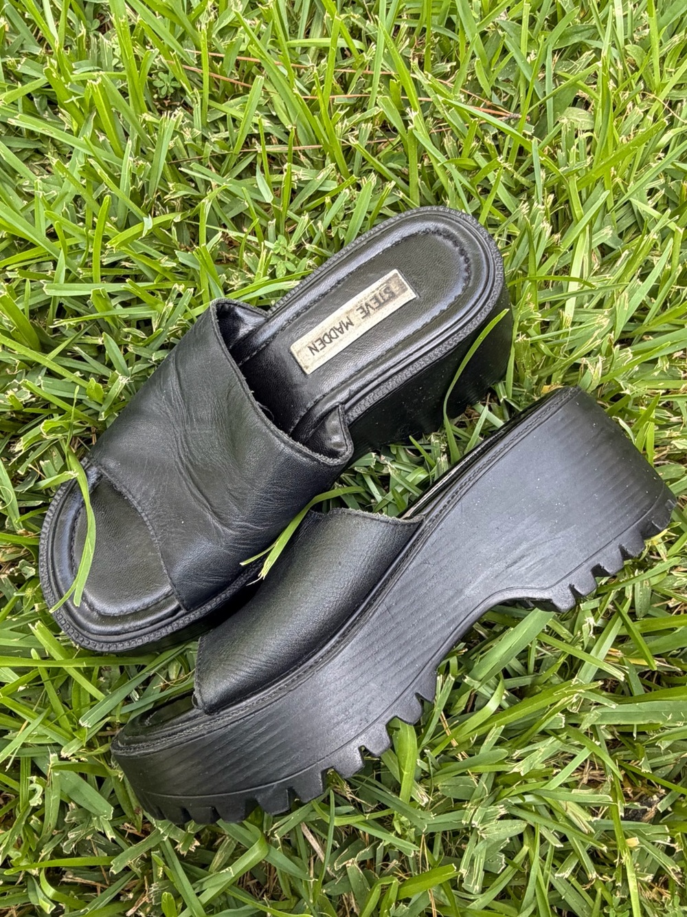 Steve Madden Vintage Y2K Black Leather Platform Slide Sandals Size 6.5